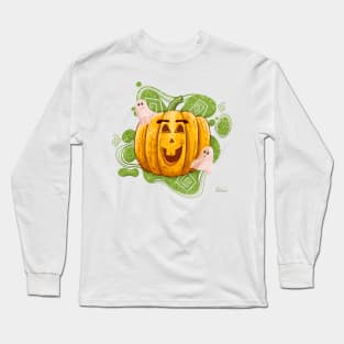 Cute Jack O Lantern Halloween Pumpkin and Ghosts Long Sleeve T-Shirt